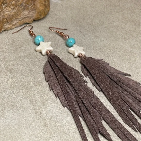 Howlite Gemstone And Turquoise Genuine Brown Leather Fringe Earrings - Picture 12 of 15